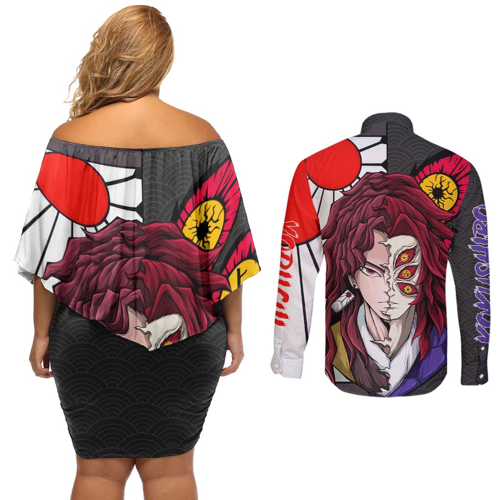 Kokushibo And Yoriichi - Demon Slayer Couples Matching Off Shoulder Short Dress and Long Sleeve Button Shirt Anime Style