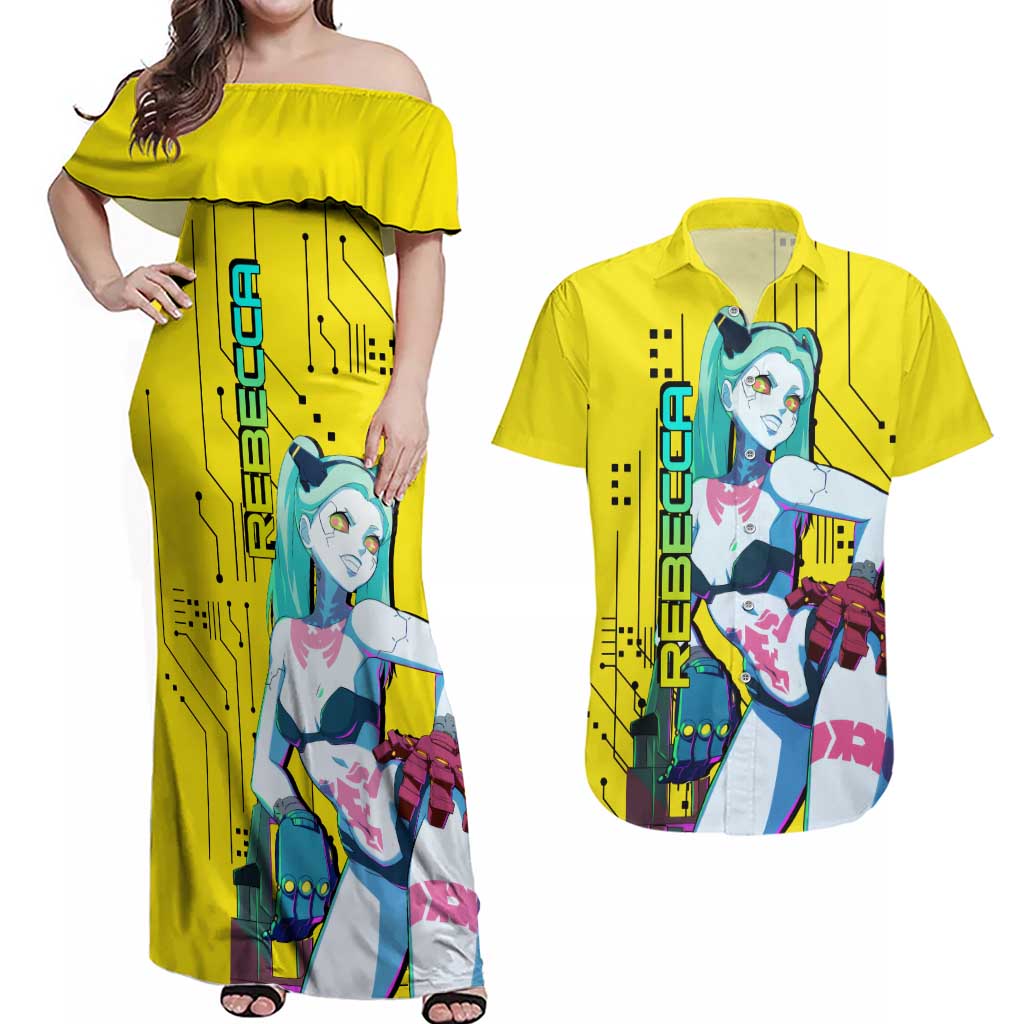 Cyberpunk Rebecca Couples Matching Off Shoulder Maxi Dress and Hawaiian Shirt Anime Style