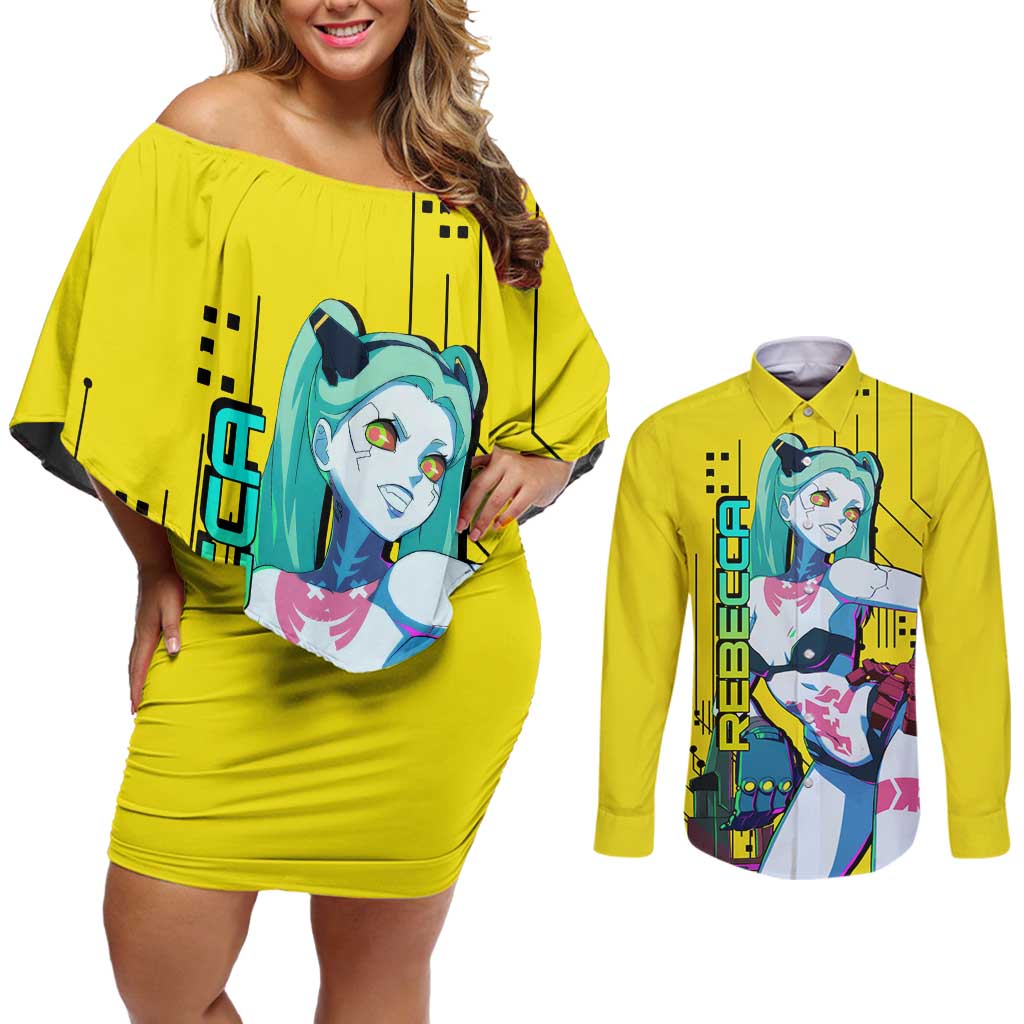 Cyberpunk Rebecca Couples Matching Off Shoulder Short Dress and Long Sleeve Button Shirt Anime Style