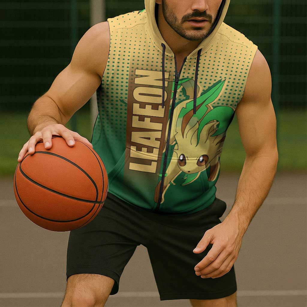 Leafeon from Poké Sleeveless Zip Hoodie with Grass Type Power and Nature Design - The Mazicc