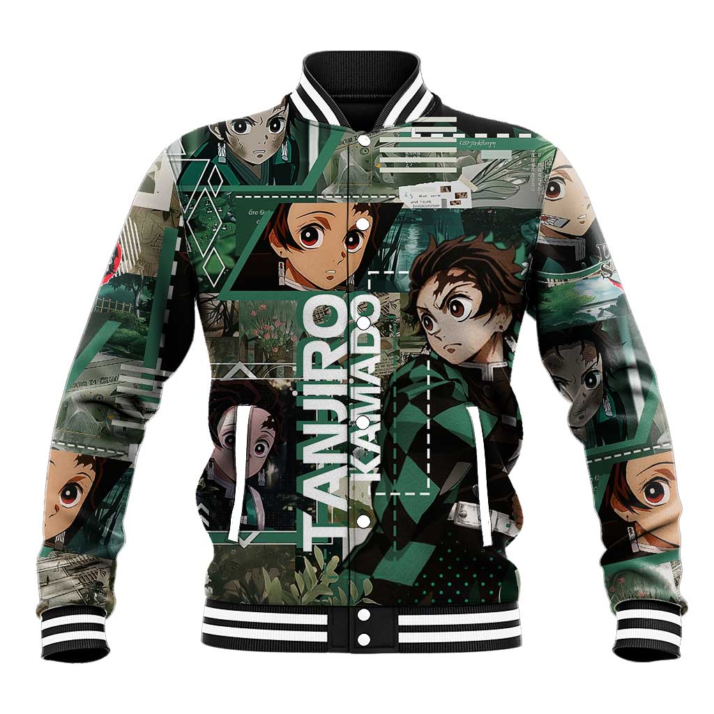 Tanjiro Kamado from Demon Slayer Baseball Jacket with Green Black Checkered Haori and Water Breathing Sword Pose Design - The Mazicc