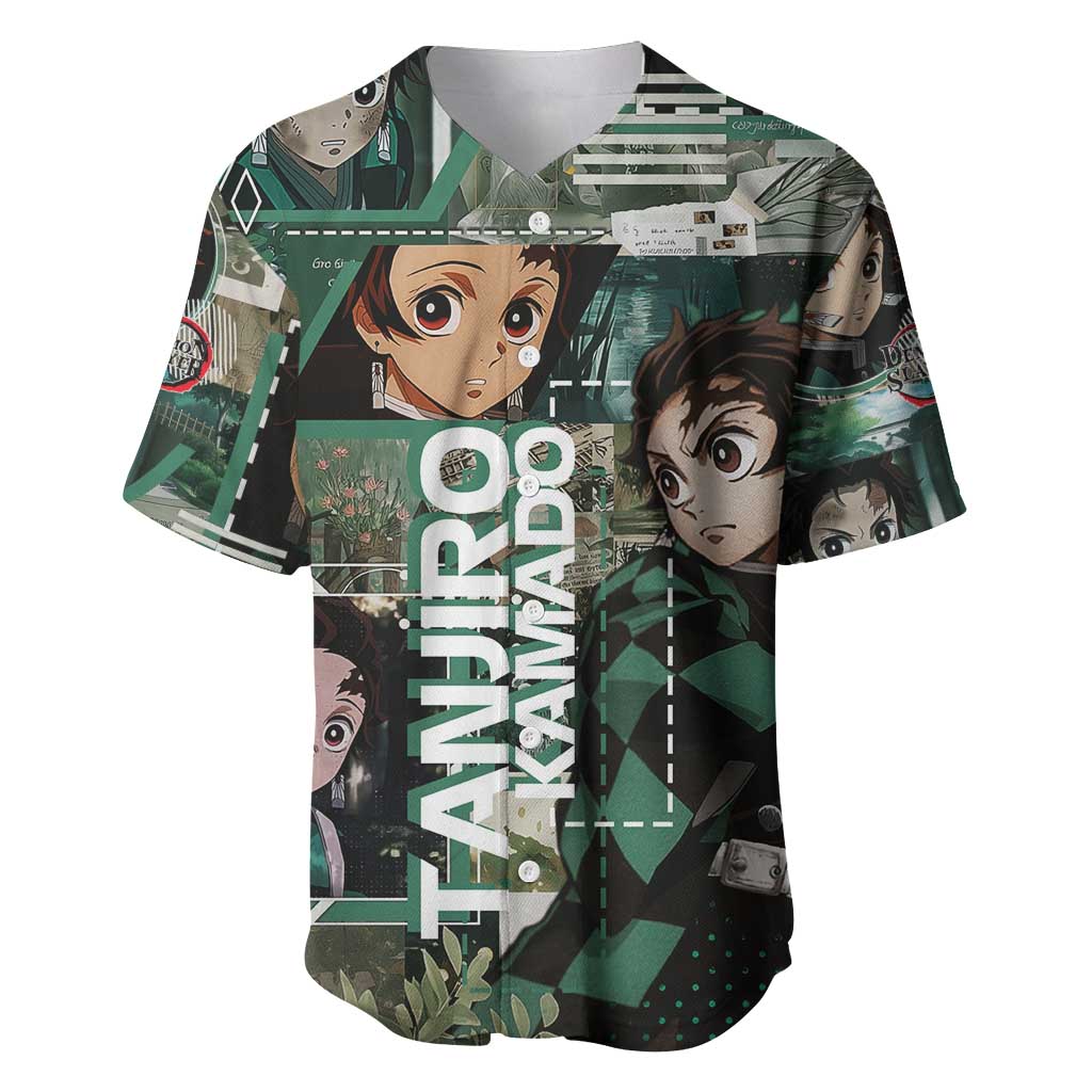 Tanjiro Kamado from Demon Slayer Baseball Jersey with Green Black Checkered Haori and Water Breathing Sword Pose Design - The Mazicc
