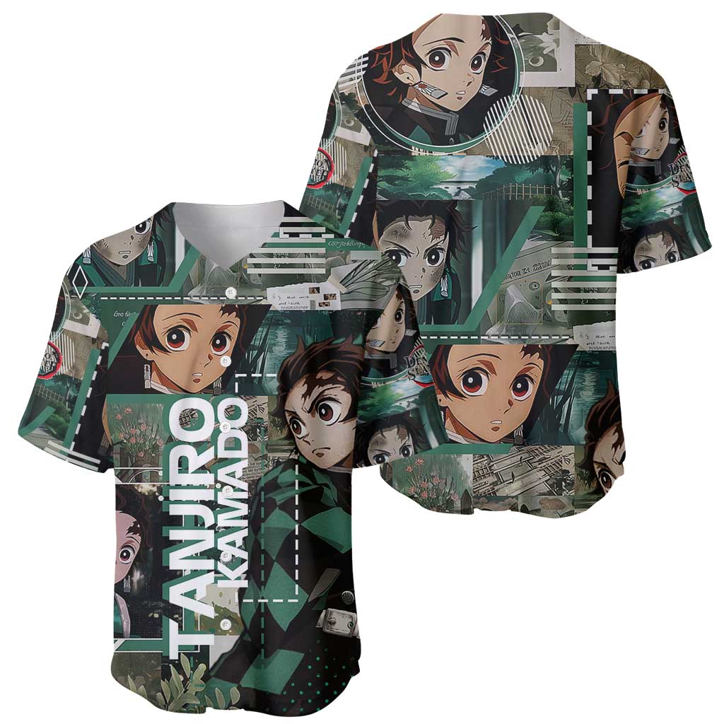 Tanjiro Kamado from Demon Slayer Baseball Jersey with Green Black Checkered Haori and Water Breathing Sword Pose Design - The Mazicc