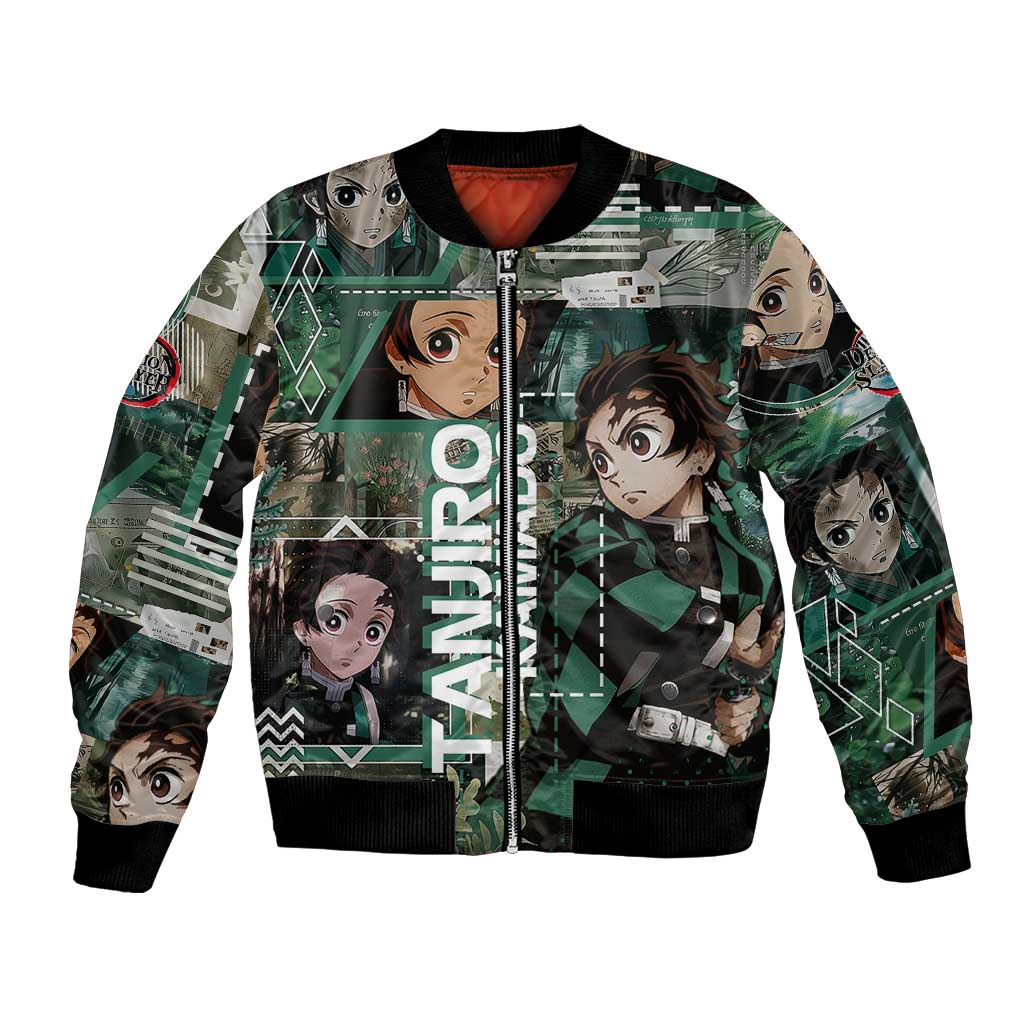 Tanjiro Kamado from Demon Slayer Bomber Jacket with Green Black Checkered Haori and Water Breathing Sword Pose Design - The Mazicc