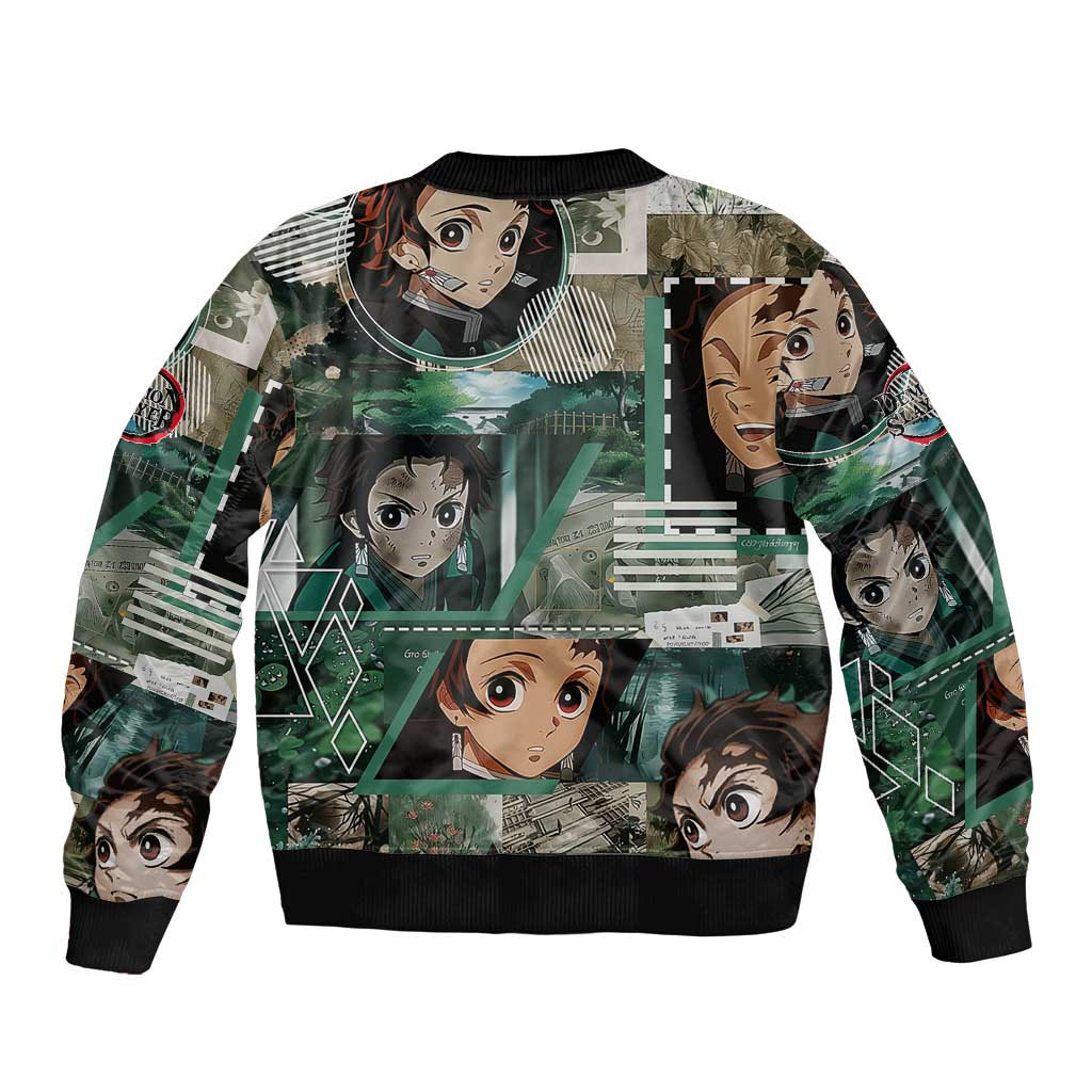 Tanjiro Kamado from Demon Slayer Bomber Jacket with Green Black Checkered Haori and Water Breathing Sword Pose Design - The Mazicc