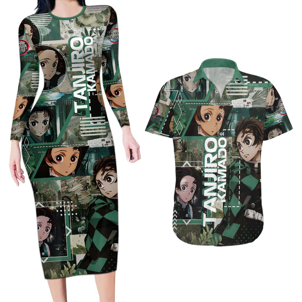 Tanjiro Kamado from Demon Slayer Couples Matching Long Sleeve Bodycon Dress and Hawaiian Shirt with Green Black Checkered Haori and Water Breathing Sword Pose Design - The Mazicc