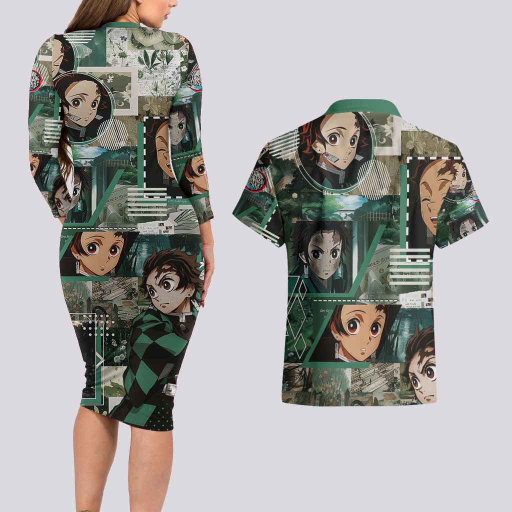 Tanjiro Kamado from Demon Slayer Couples Matching Long Sleeve Bodycon Dress and Hawaiian Shirt with Green Black Checkered Haori and Water Breathing Sword Pose Design - The Mazicc
