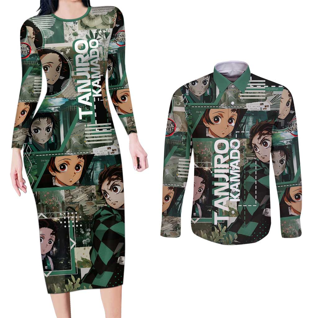 Tanjiro Kamado from Demon Slayer Couples Matching Long Sleeve Bodycon Dress and Long Sleeve Button Shirt with Green Black Checkered Haori and Water Breathing Sword Pose Design - The Mazicc