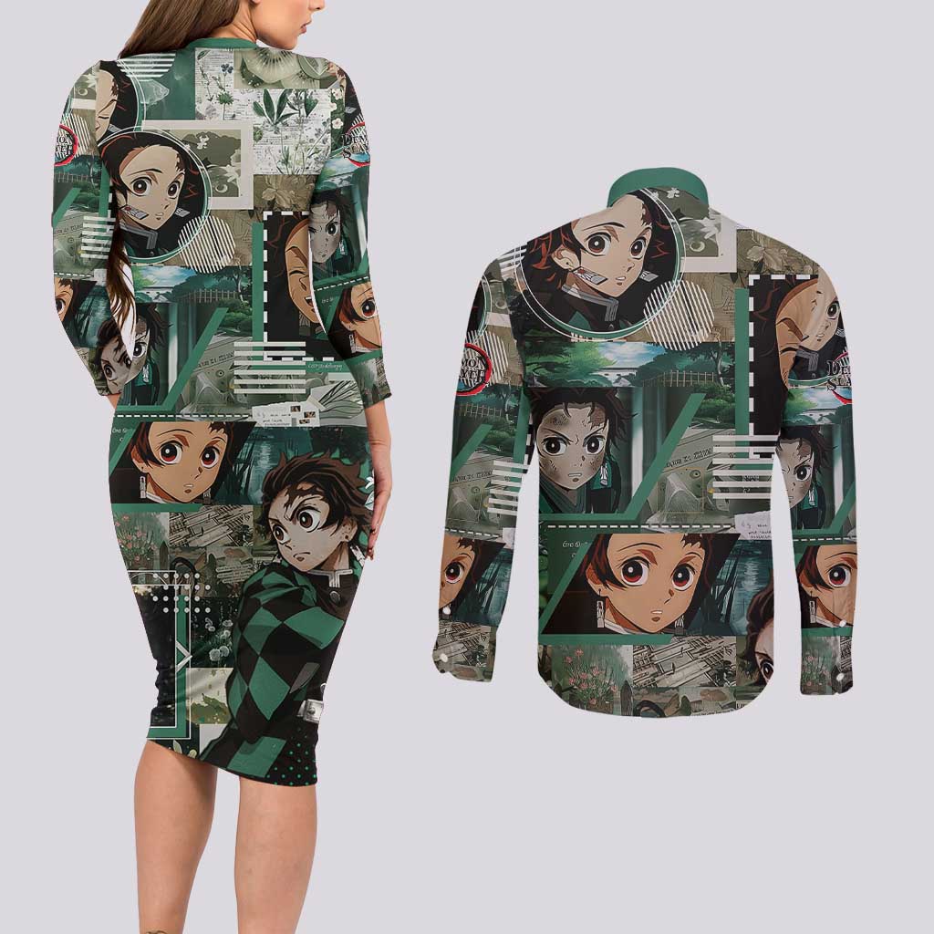 Tanjiro Kamado from Demon Slayer Couples Matching Long Sleeve Bodycon Dress and Long Sleeve Button Shirt with Green Black Checkered Haori and Water Breathing Sword Pose Design - The Mazicc