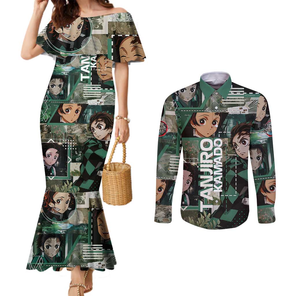 Tanjiro Kamado from Demon Slayer Couples Matching Mermaid Dress and Long Sleeve Button Shirt with Green Black Checkered Haori and Water Breathing Sword Pose Design - The Mazicc