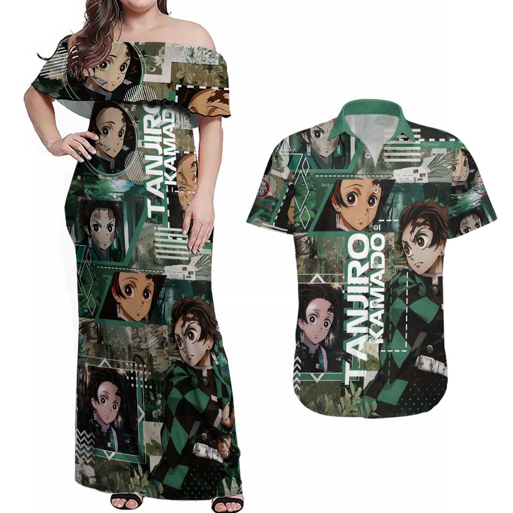 Tanjiro Kamado from Demon Slayer Couples Matching Off Shoulder Maxi Dress and Hawaiian Shirt with Green Black Checkered Haori and Water Breathing Sword Pose Design - The Mazicc