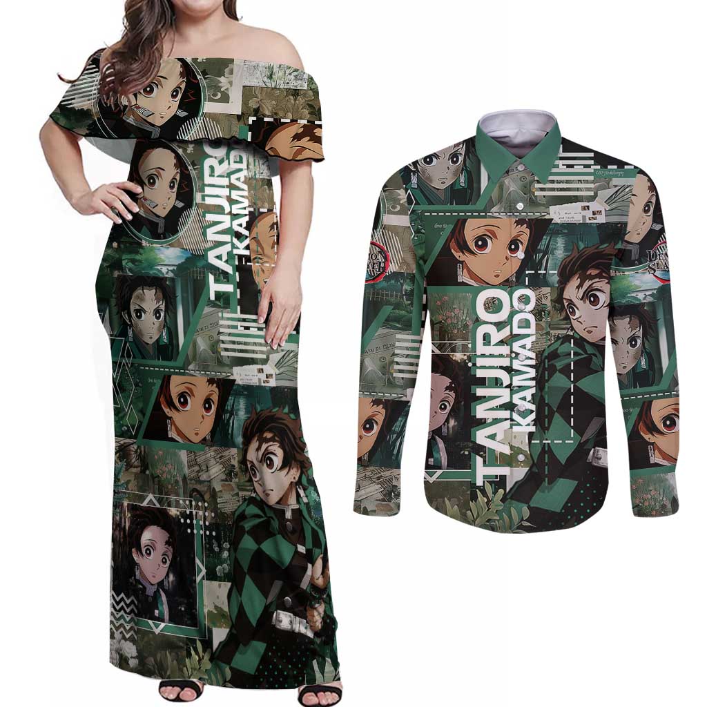 Tanjiro Kamado from Demon Slayer Couples Matching Off Shoulder Maxi Dress and Long Sleeve Button Shirt with Green Black Checkered Haori and Water Breathing Sword Pose Design - The Mazicc
