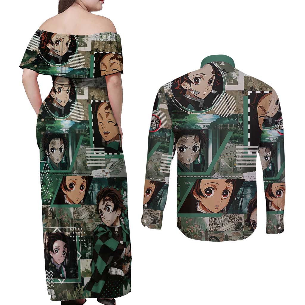 Tanjiro Kamado from Demon Slayer Couples Matching Off Shoulder Maxi Dress and Long Sleeve Button Shirt with Green Black Checkered Haori and Water Breathing Sword Pose Design - The Mazicc