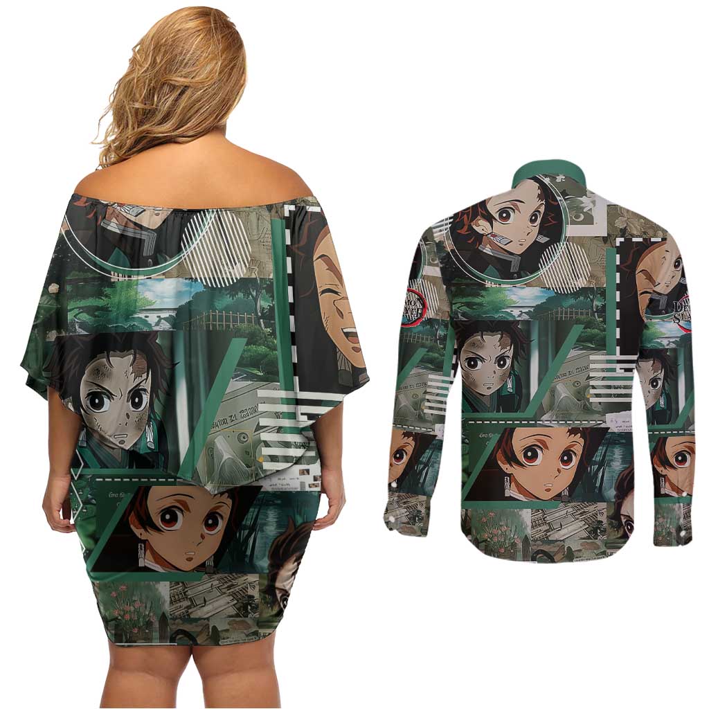 Tanjiro Kamado from Demon Slayer Couples Matching Off Shoulder Short Dress and Long Sleeve Button Shirt with Green Black Checkered Haori and Water Breathing Sword Pose Design - The Mazicc
