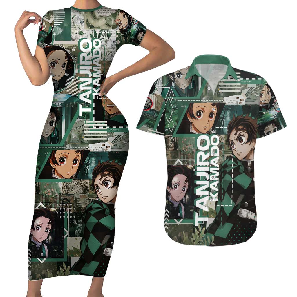 Tanjiro Kamado from Demon Slayer Couples Matching Short Sleeve Bodycon Dress and Hawaiian Shirt with Green Black Checkered Haori and Water Breathing Sword Pose Design - The Mazicc