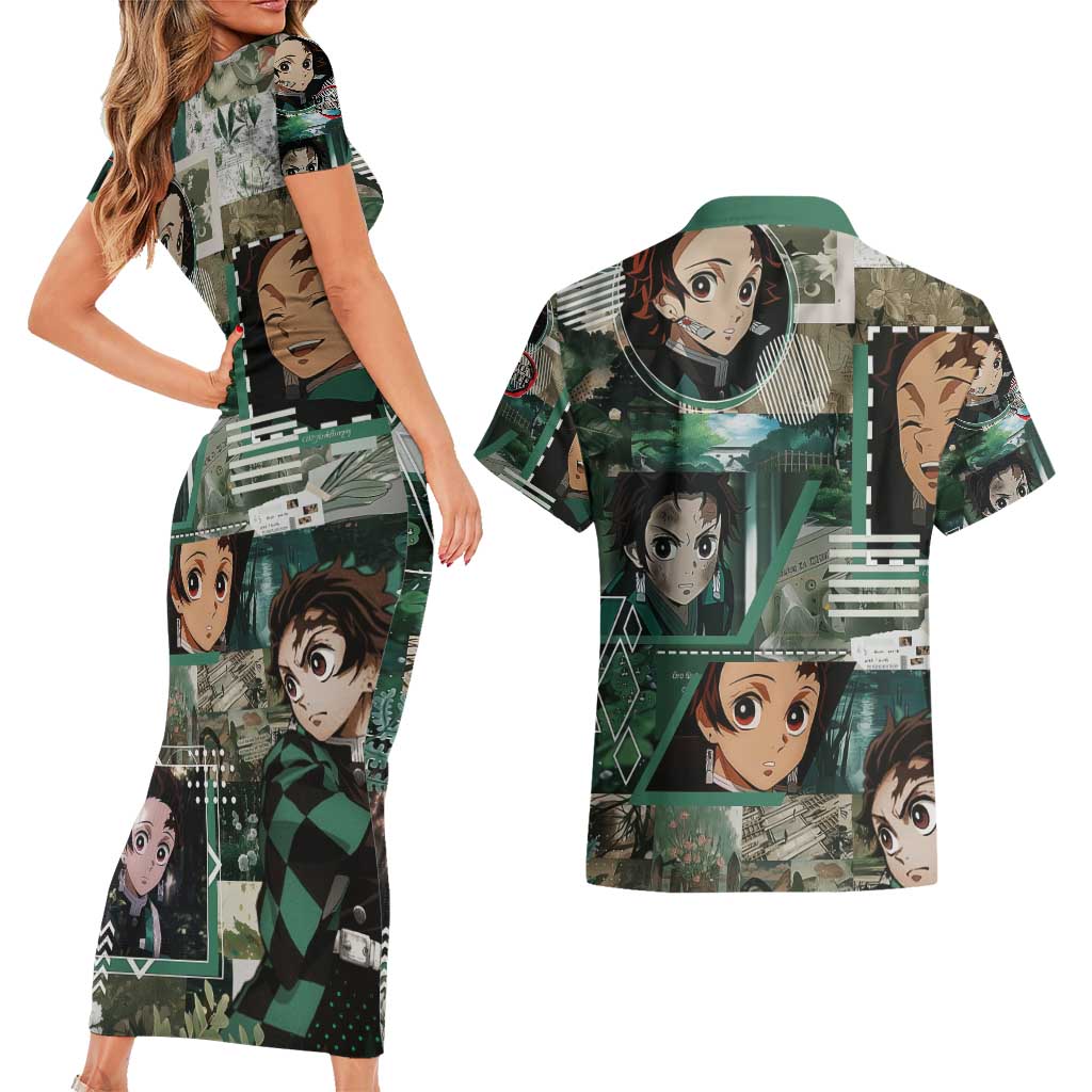 Tanjiro Kamado from Demon Slayer Couples Matching Short Sleeve Bodycon Dress and Hawaiian Shirt with Green Black Checkered Haori and Water Breathing Sword Pose Design - The Mazicc