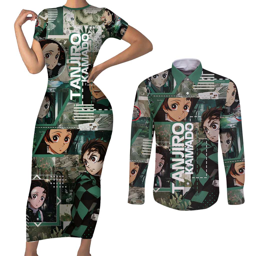 Tanjiro Kamado from Demon Slayer Couples Matching Short Sleeve Bodycon Dress and Long Sleeve Button Shirt with Green Black Checkered Haori and Water Breathing Sword Pose Design - The Mazicc