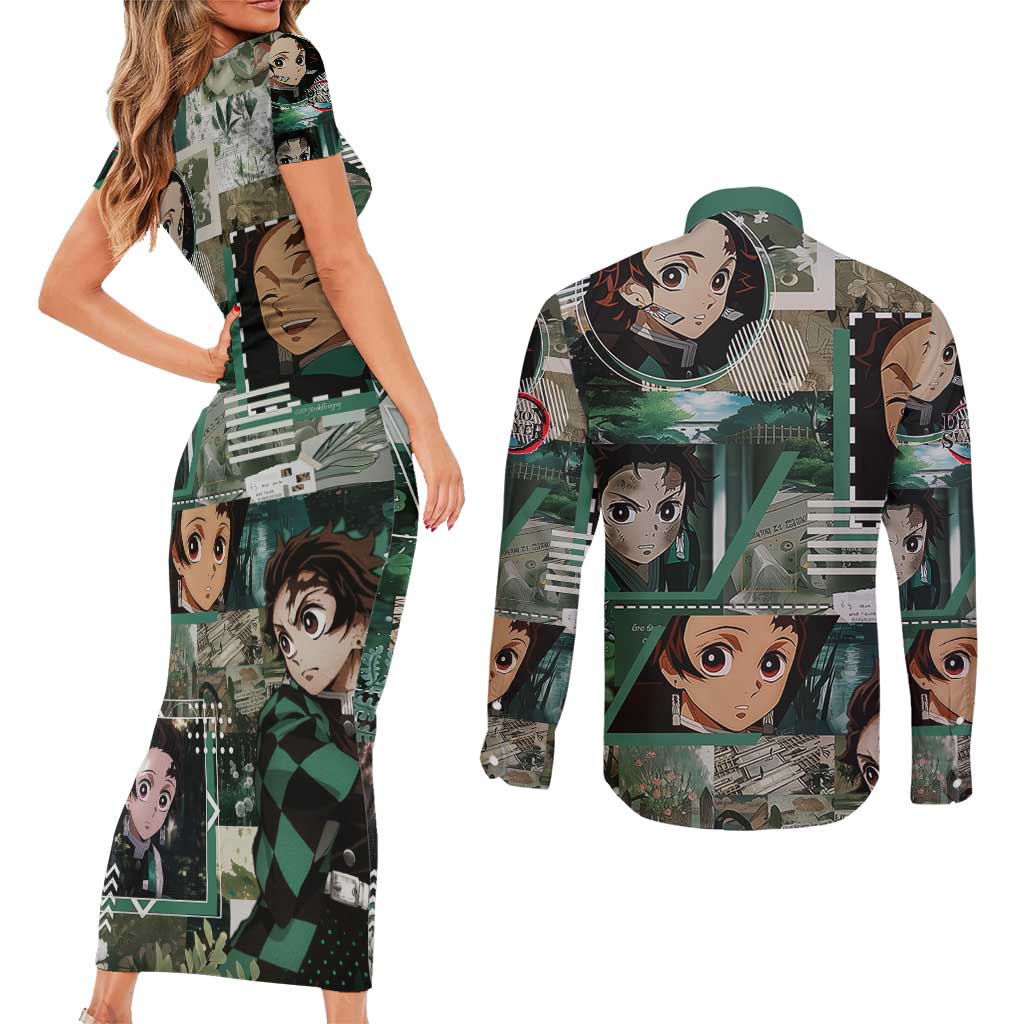 Tanjiro Kamado from Demon Slayer Couples Matching Short Sleeve Bodycon Dress and Long Sleeve Button Shirt with Green Black Checkered Haori and Water Breathing Sword Pose Design - The Mazicc