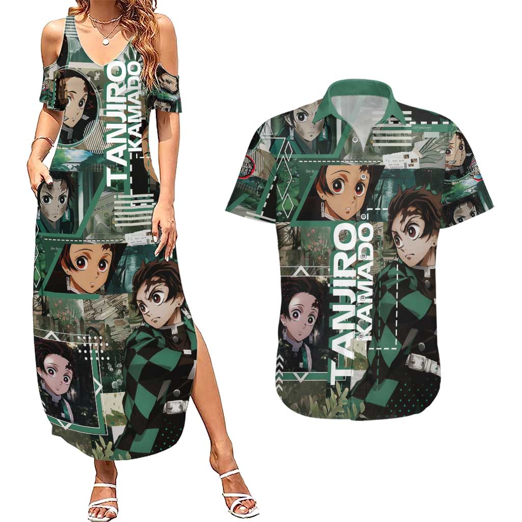 Tanjiro Kamado from Demon Slayer Couples Matching Summer Maxi Dress and Hawaiian Shirt with Green Black Checkered Haori and Water Breathing Sword Pose Design - The Mazicc