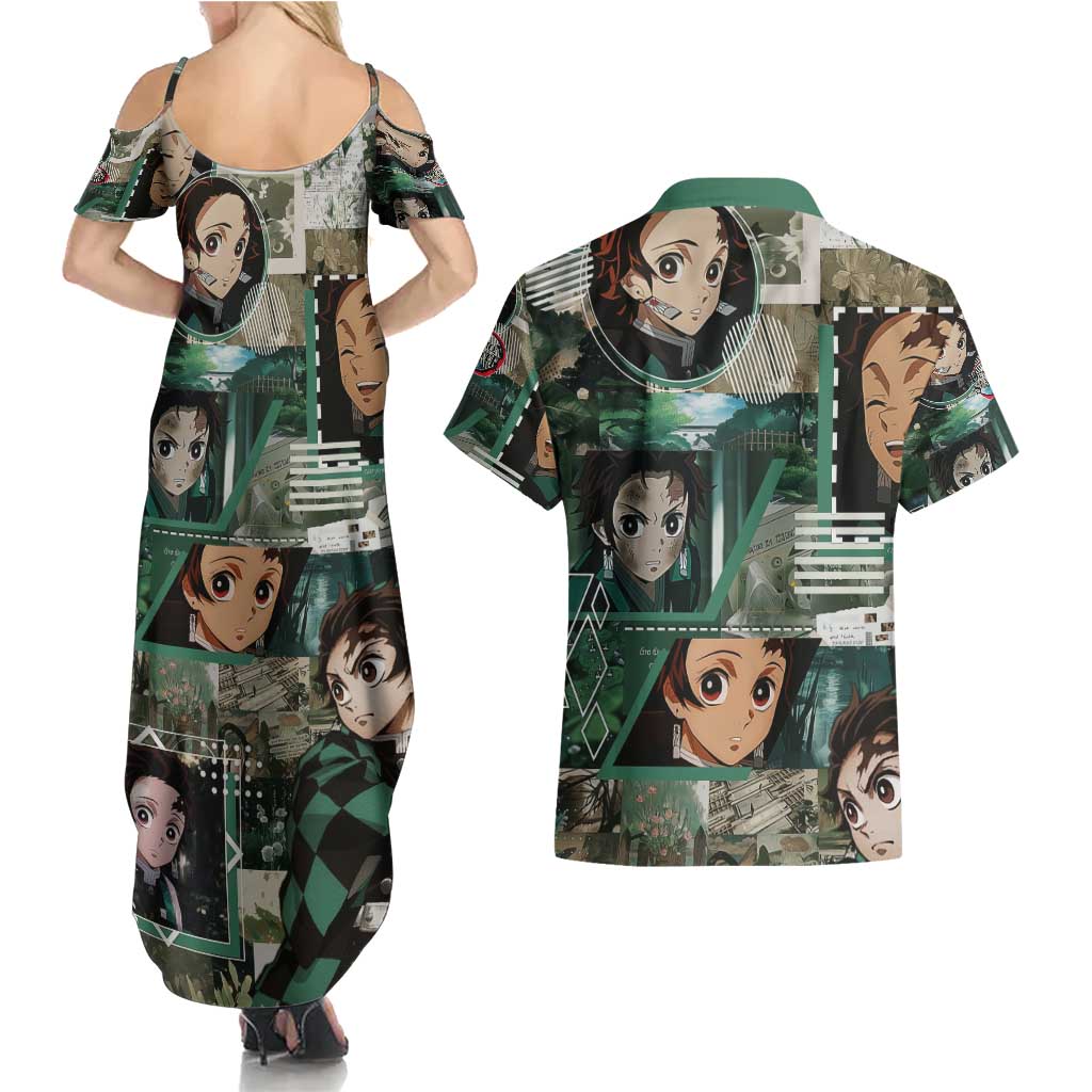 Tanjiro Kamado from Demon Slayer Couples Matching Summer Maxi Dress and Hawaiian Shirt with Green Black Checkered Haori and Water Breathing Sword Pose Design - The Mazicc