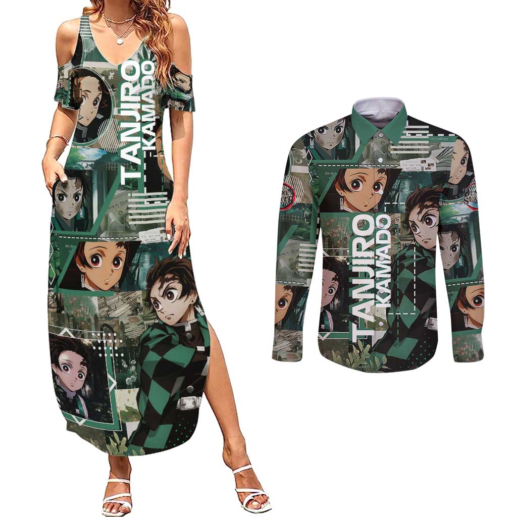 Tanjiro Kamado from Demon Slayer Couples Matching Summer Maxi Dress and Long Sleeve Button Shirt with Green Black Checkered Haori and Water Breathing Sword Pose Design - The Mazicc