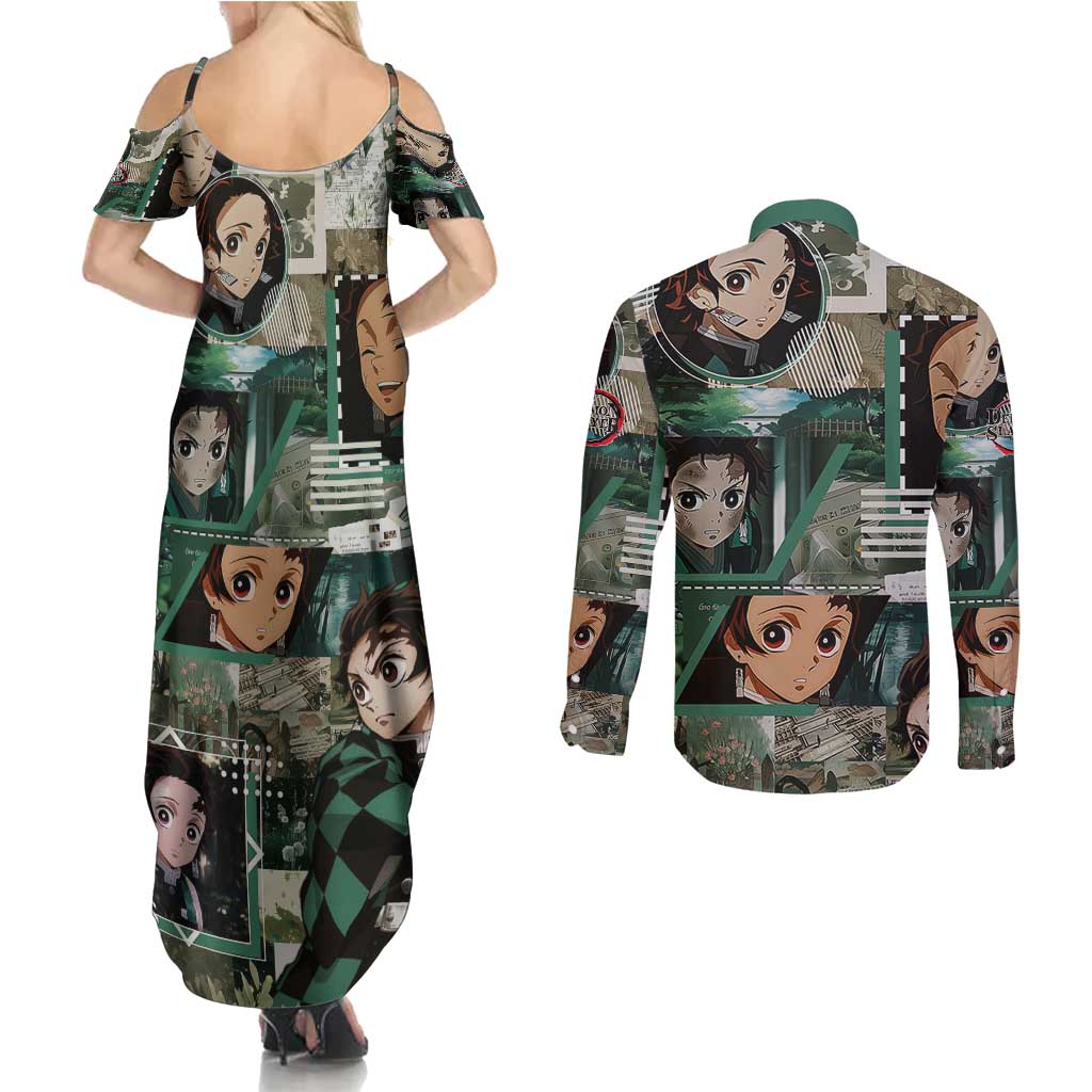 Tanjiro Kamado from Demon Slayer Couples Matching Summer Maxi Dress and Long Sleeve Button Shirt with Green Black Checkered Haori and Water Breathing Sword Pose Design - The Mazicc