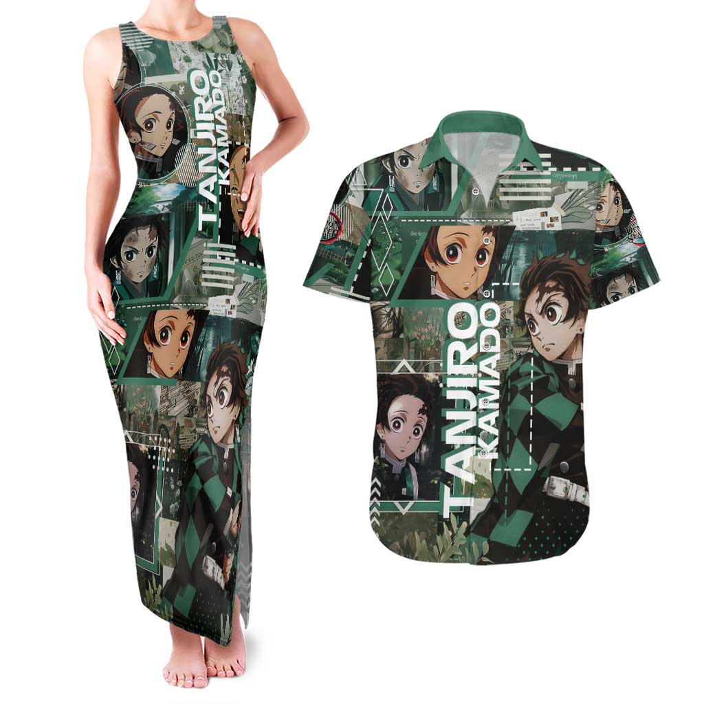 Tanjiro Kamado from Demon Slayer Couples Matching Tank Maxi Dress and Hawaiian Shirt with Green Black Checkered Haori and Water Breathing Sword Pose Design - The Mazicc
