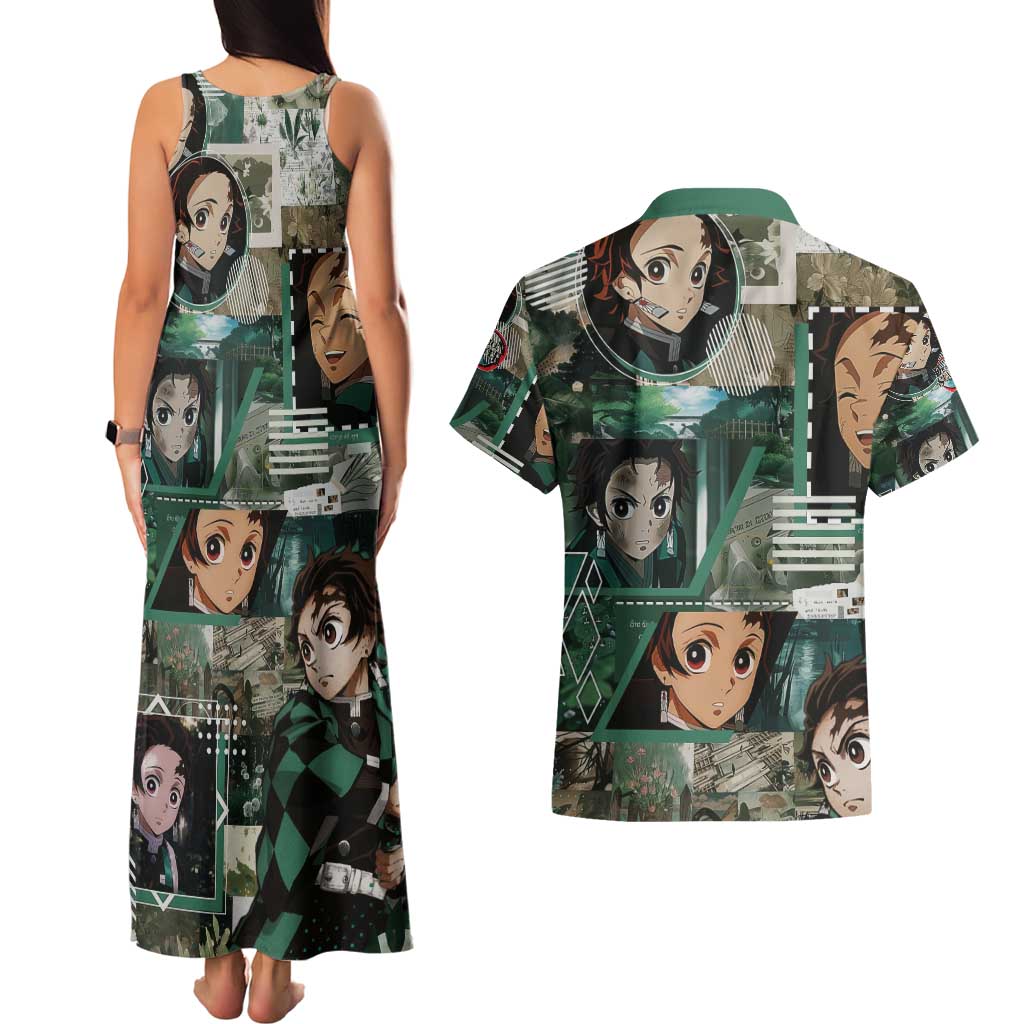 Tanjiro Kamado from Demon Slayer Couples Matching Tank Maxi Dress and Hawaiian Shirt with Green Black Checkered Haori and Water Breathing Sword Pose Design - The Mazicc