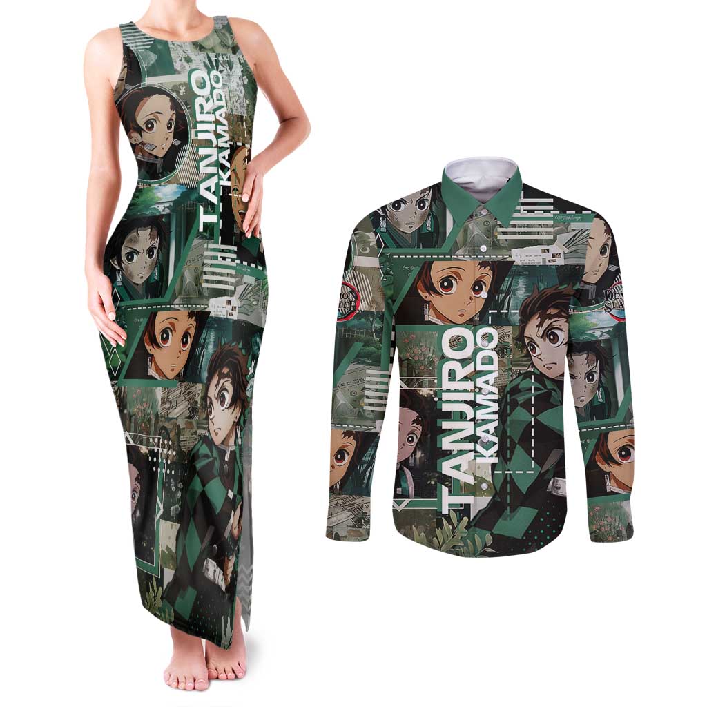 Tanjiro Kamado from Demon Slayer Couples Matching Tank Maxi Dress and Long Sleeve Button Shirt with Green Black Checkered Haori and Water Breathing Sword Pose Design - The Mazicc