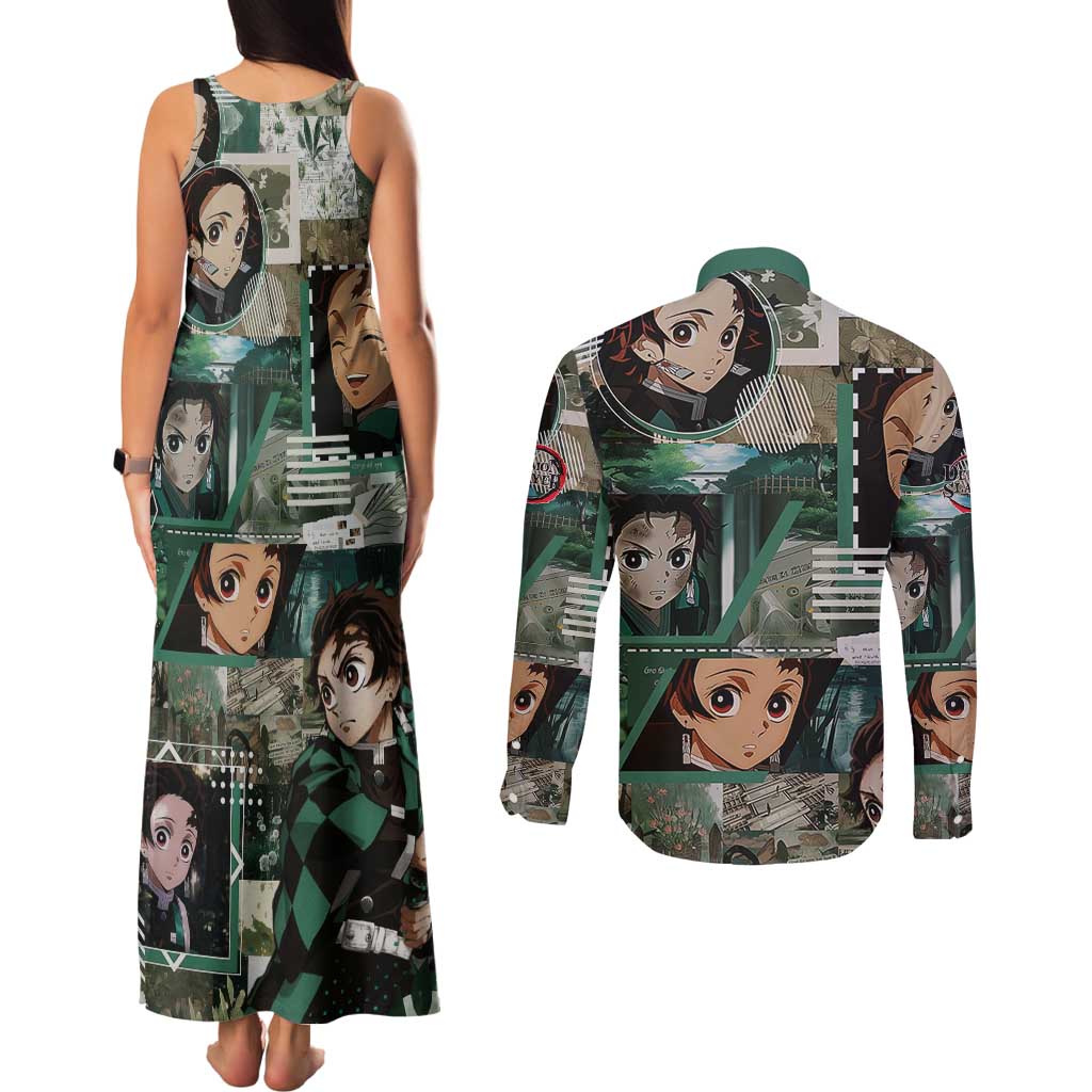 Tanjiro Kamado from Demon Slayer Couples Matching Tank Maxi Dress and Long Sleeve Button Shirt with Green Black Checkered Haori and Water Breathing Sword Pose Design - The Mazicc