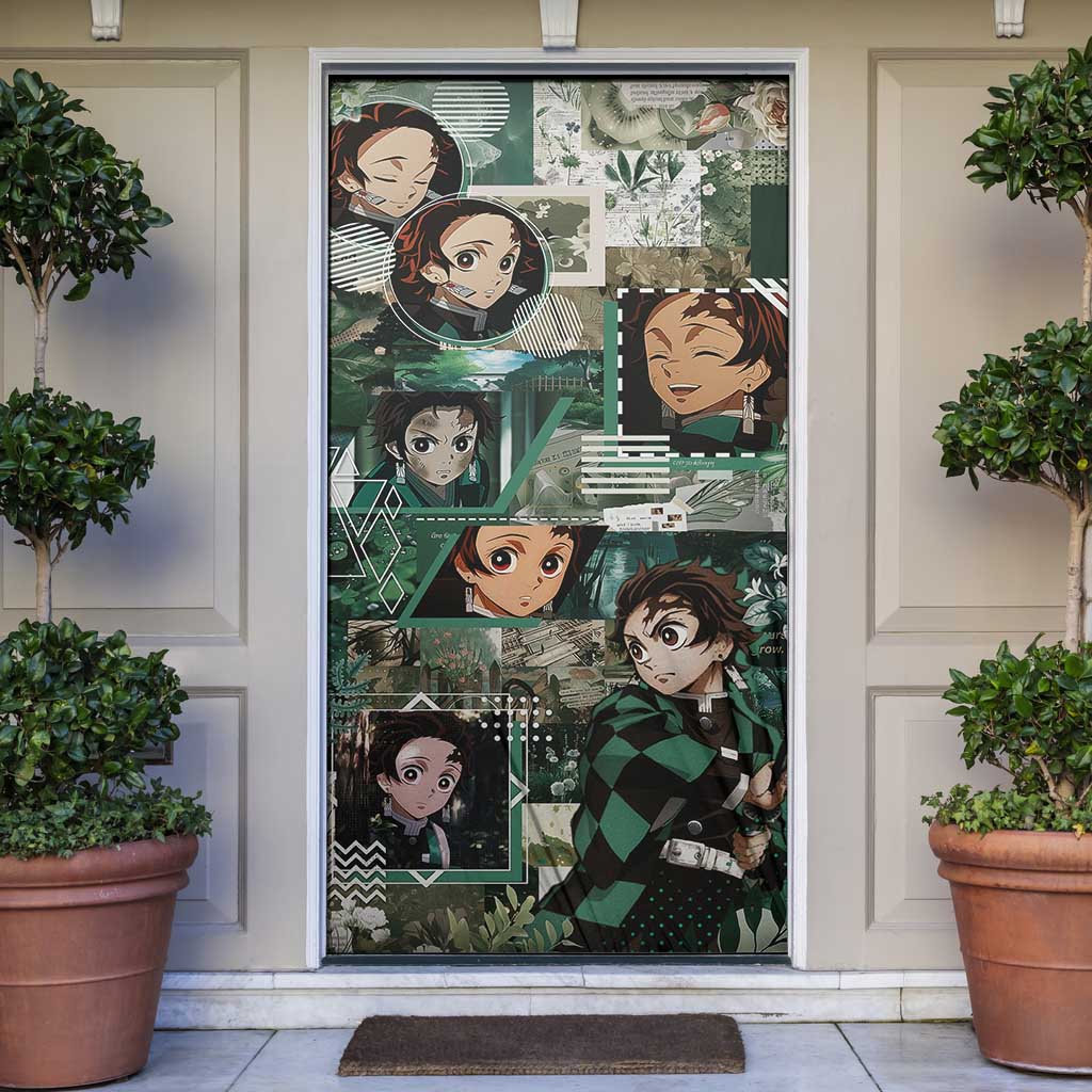 Tanjiro Kamado from Demon Slayer Door Cover with Green Black Checkered Haori and Water Breathing Sword Pose Design - The Mazicc