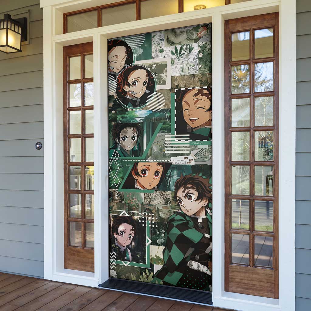 Tanjiro Kamado from Demon Slayer Door Cover with Green Black Checkered Haori and Water Breathing Sword Pose Design - The Mazicc