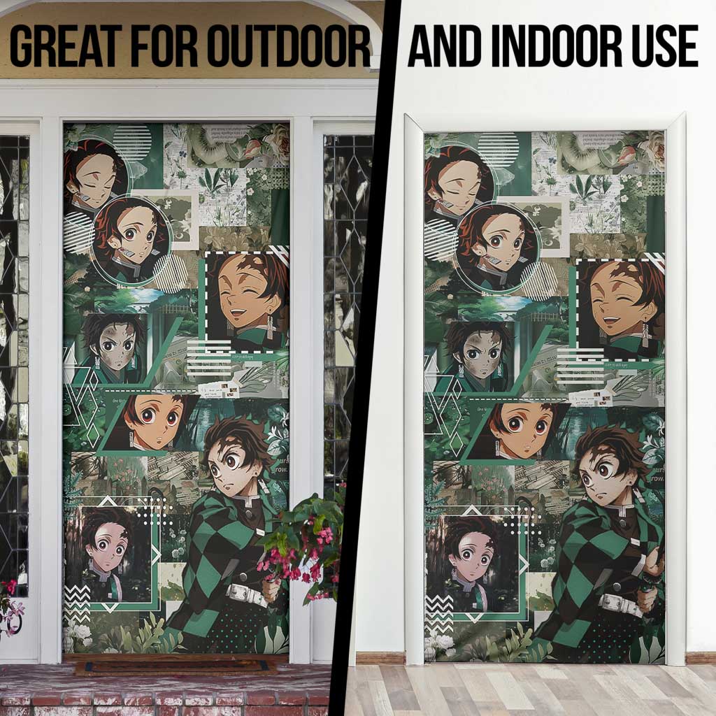Tanjiro Kamado from Demon Slayer Door Cover with Green Black Checkered Haori and Water Breathing Sword Pose Design - The Mazicc