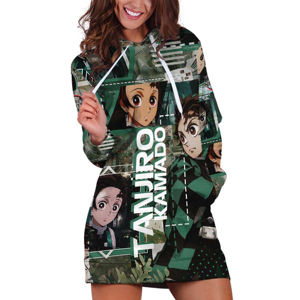 Tanjiro Kamado from Demon Slayer Hoodie Dress with Green Black Checkered Haori and Water Breathing Sword Pose Design - The Mazicc
