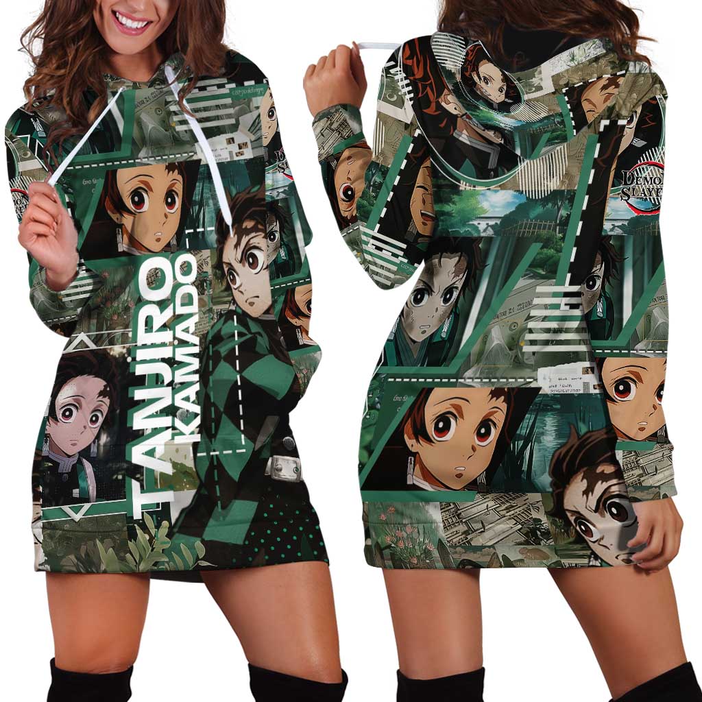 Tanjiro Kamado from Demon Slayer Hoodie Dress with Green Black Checkered Haori and Water Breathing Sword Pose Design - The Mazicc