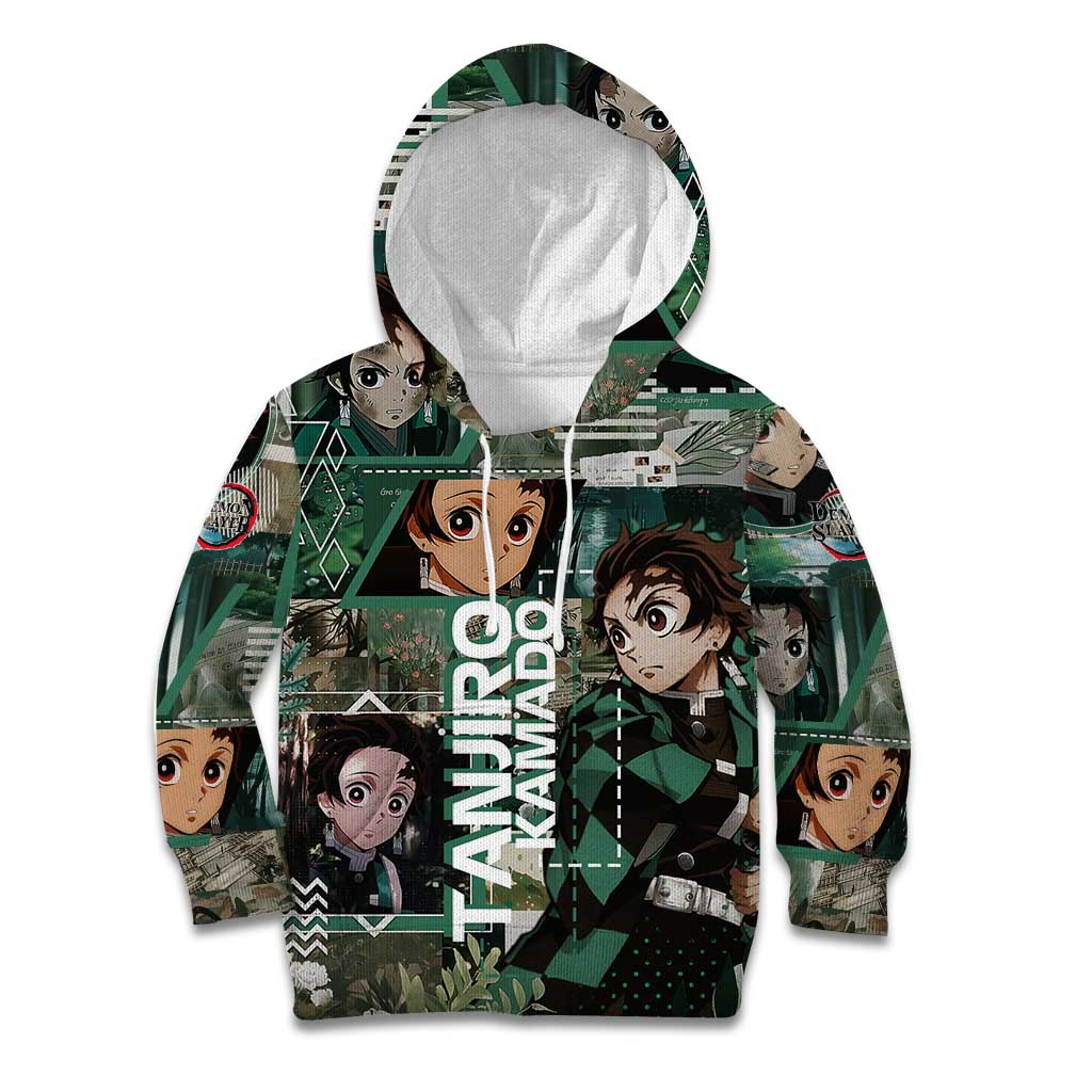 Tanjiro Kamado from Demon Slayer Kid Hoodie with Green Black Checkered Haori and Water Breathing Sword Pose Design - The Mazicc