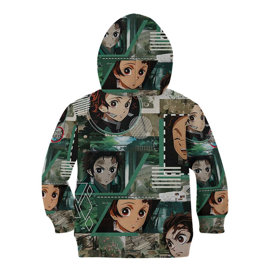 Tanjiro Kamado from Demon Slayer Kid Hoodie with Green Black Checkered Haori and Water Breathing Sword Pose Design - The Mazicc