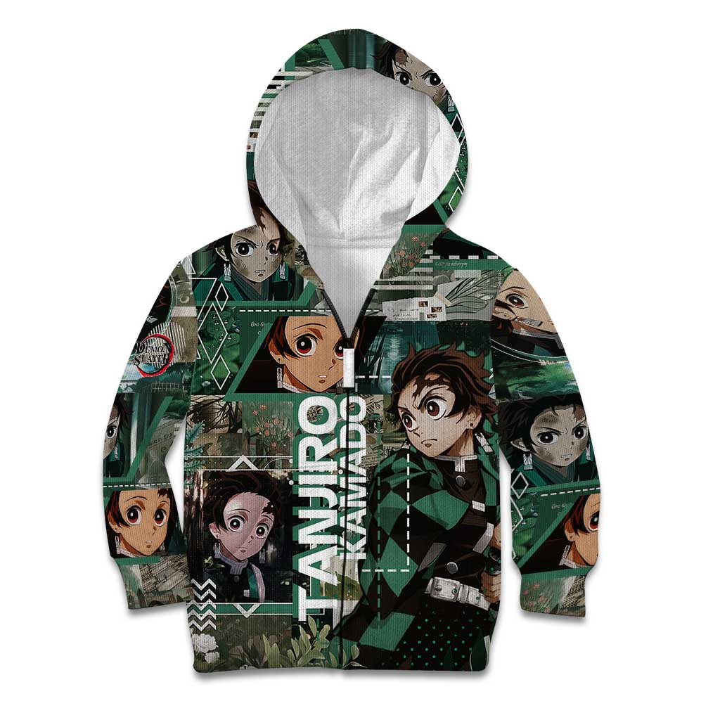 Tanjiro Kamado from Demon Slayer Kid Hoodie with Green Black Checkered Haori and Water Breathing Sword Pose Design - The Mazicc