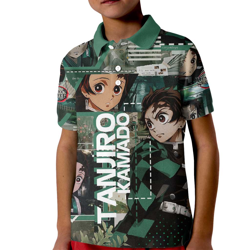 Tanjiro Kamado from Demon Slayer Kid Polo Shirt with Green Black Checkered Haori and Water Breathing Sword Pose Design - The Mazicc