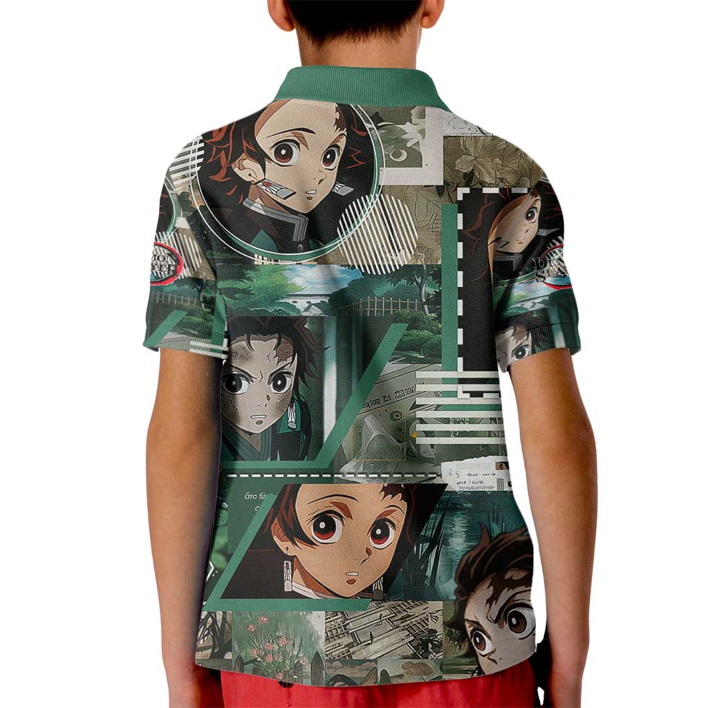 Tanjiro Kamado from Demon Slayer Kid Polo Shirt with Green Black Checkered Haori and Water Breathing Sword Pose Design - The Mazicc