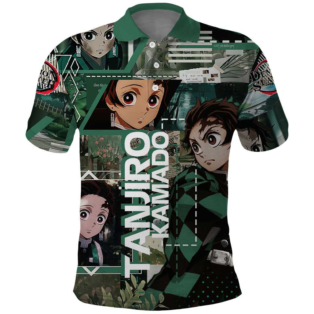 Tanjiro Kamado from Demon Slayer Polo Shirt with Green Black Checkered Haori and Water Breathing Sword Pose Design - The Mazicc