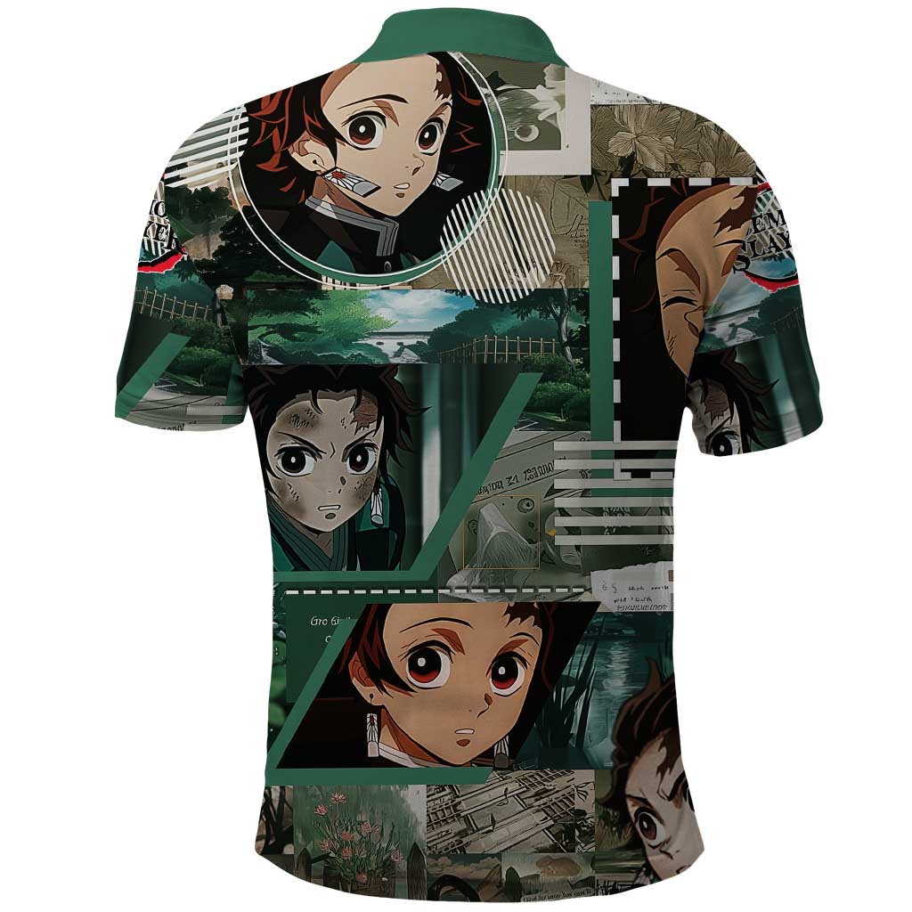 Tanjiro Kamado from Demon Slayer Polo Shirt with Green Black Checkered Haori and Water Breathing Sword Pose Design - The Mazicc