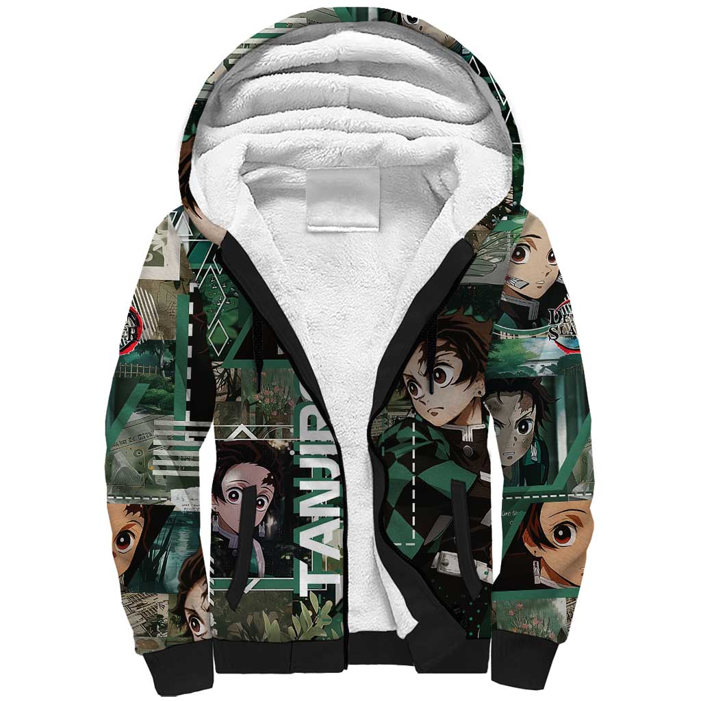 Tanjiro Kamado from Demon Slayer Sherpa Hoodie with Green Black Checkered Haori and Water Breathing Sword Pose Design - The Mazicc