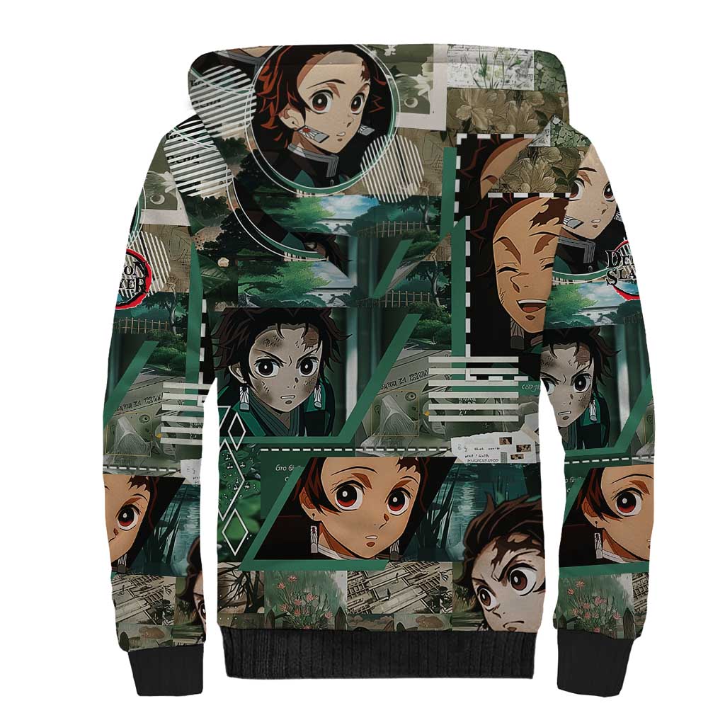 Tanjiro Kamado from Demon Slayer Sherpa Hoodie with Green Black Checkered Haori and Water Breathing Sword Pose Design - The Mazicc