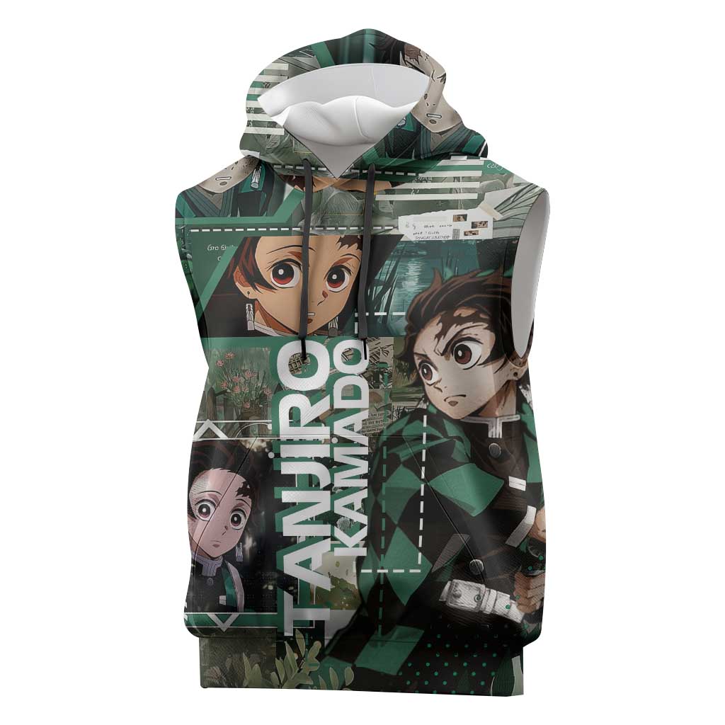 Tanjiro Kamado from Demon Slayer Sleeveless Hoodie with Green Black Checkered Haori and Water Breathing Sword Pose Design - The Mazicc