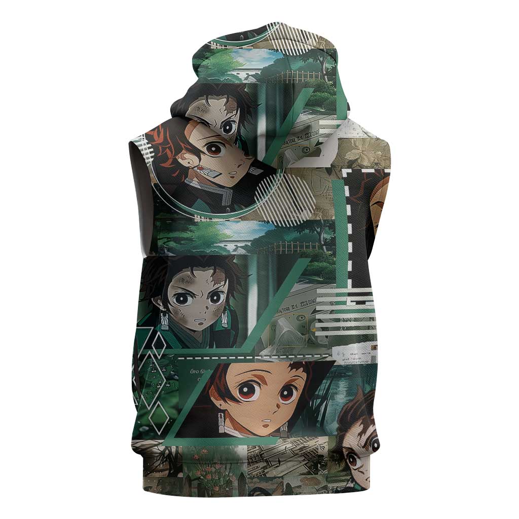 Tanjiro Kamado from Demon Slayer Sleeveless Hoodie with Green Black Checkered Haori and Water Breathing Sword Pose Design - The Mazicc