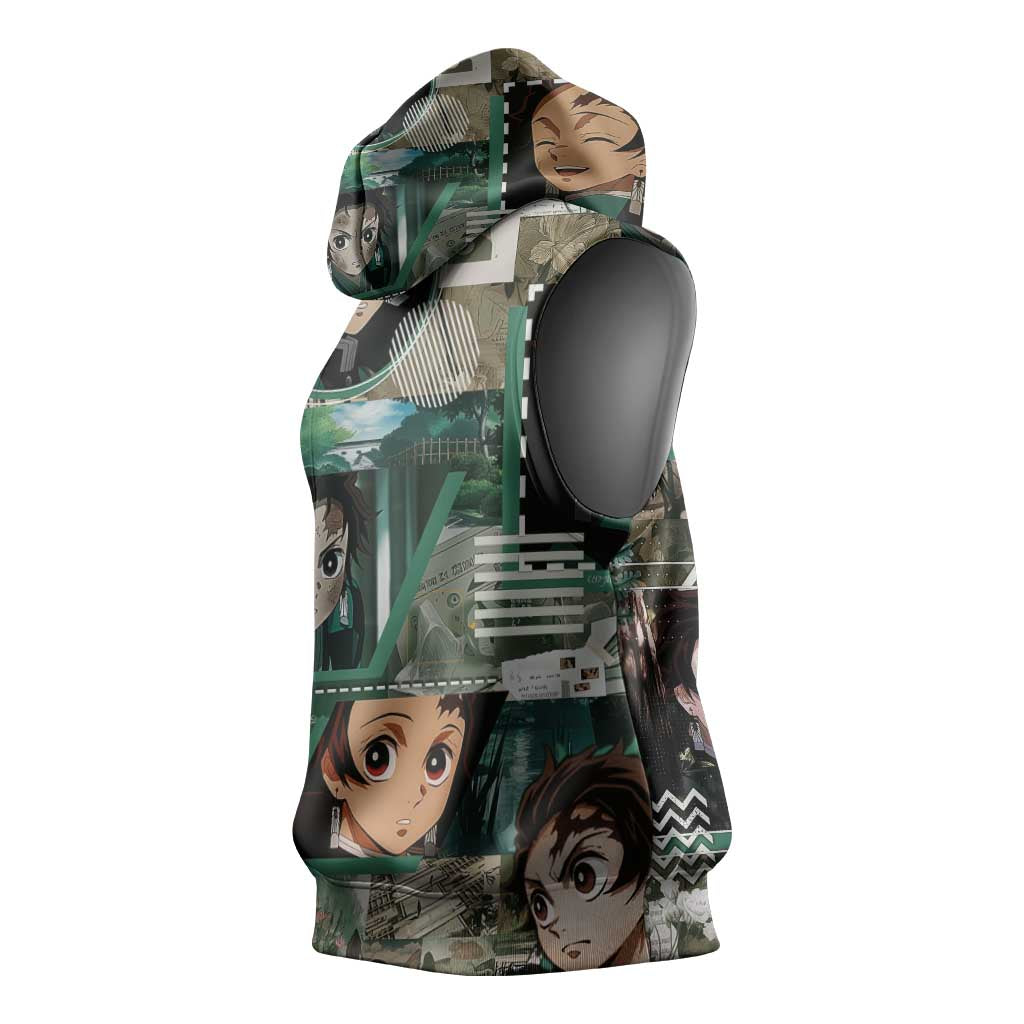 Tanjiro Kamado from Demon Slayer Sleeveless Hoodie with Green Black Checkered Haori and Water Breathing Sword Pose Design - The Mazicc