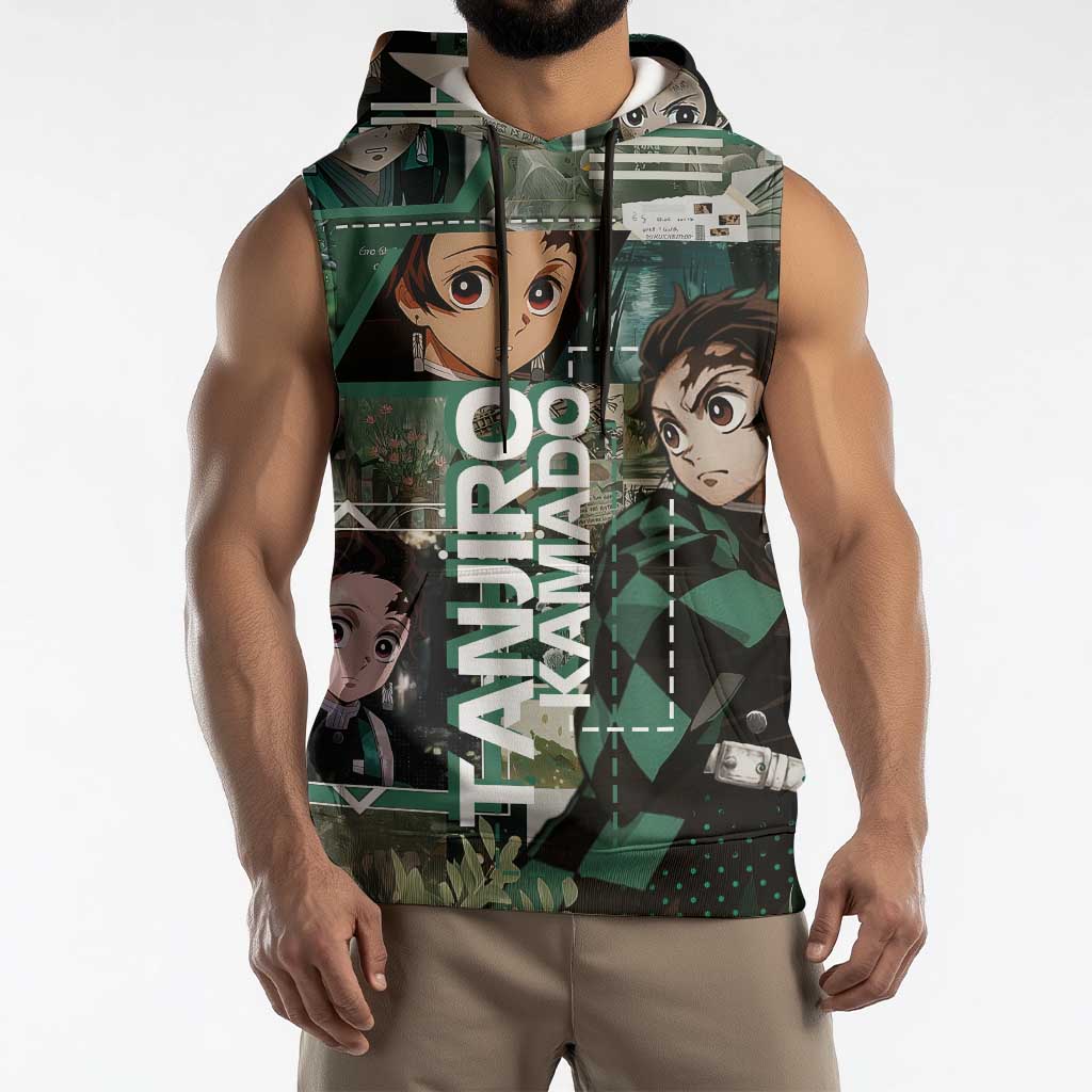 Tanjiro Kamado from Demon Slayer Sleeveless Hoodie with Green Black Checkered Haori and Water Breathing Sword Pose Design - The Mazicc