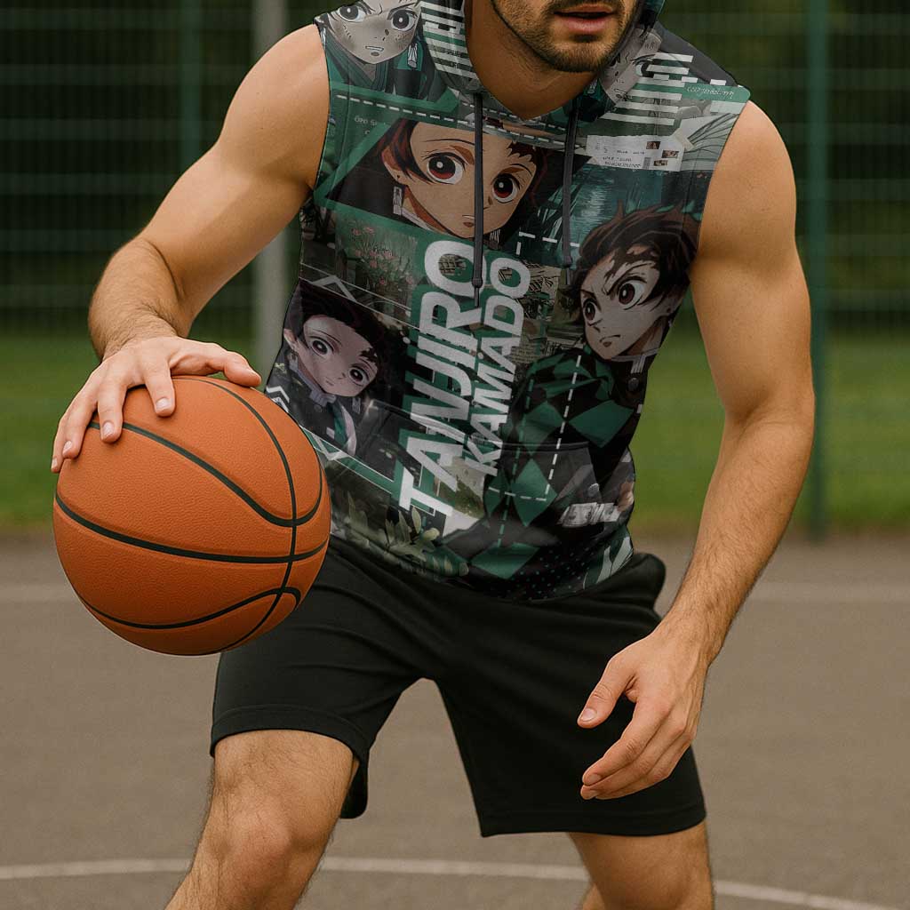 Tanjiro Kamado from Demon Slayer Sleeveless Hoodie with Green Black Checkered Haori and Water Breathing Sword Pose Design - The Mazicc