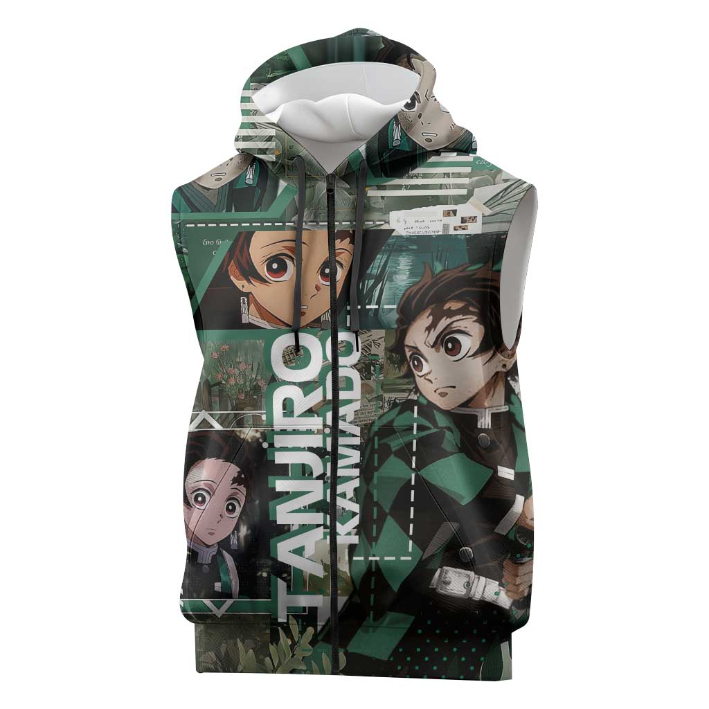 Tanjiro Kamado from Demon Slayer Sleeveless Zip Hoodie with Green Black Checkered Haori and Water Breathing Sword Pose Design - The Mazicc